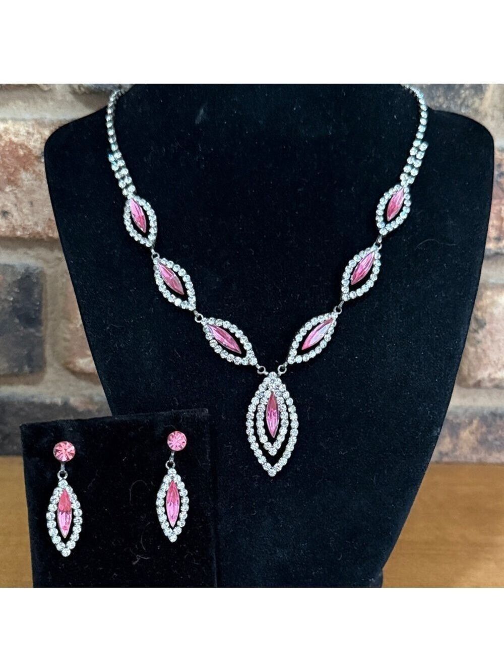 Vintage Christina Collection Pink Marquis, Clear Rhinestone necklace earring set